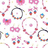 Seamless pattern with cute girly accessories in strawberry style. graphics vector