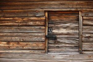 Old and rustic hatch on a log hut photo