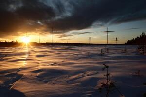Winter sunset in Swedish Lapland, with breakable crust on the snow photo