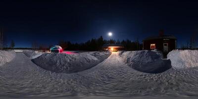 Equirectangular 360 degree panorama of small farm in winter in Lapland photo