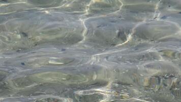 Sea water surface rippling and splashing with refraction of sunlight. Defocus texture of ocean waves. Transparent sea water with clean sand bottom underneath video