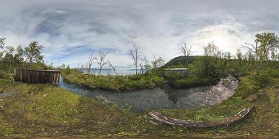 Spherical panorama of abandoned shacks in Gohkasjohka dekta, Norrbotten, Sweden. Equirectangular projection is used photo