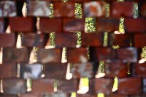 Stacked used bricks in front of a bush photo