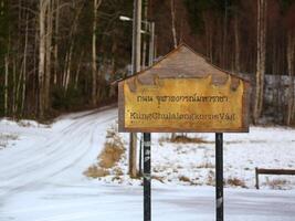 Gold plated street sign with the name of the road Kung Chulalongkorns Vag in Thai and Swedish photo