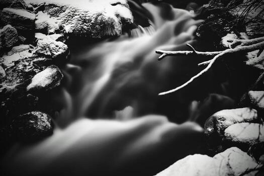 Moody long exposure shot of smooth water flowing over wood and rocks photo