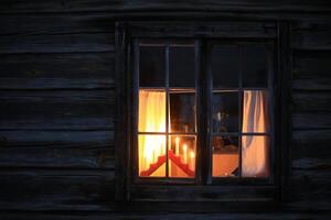 Window of log hut with a candle holder as christmas decoration photo