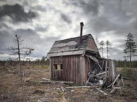 Broken ruined hut on a forest clearing photo