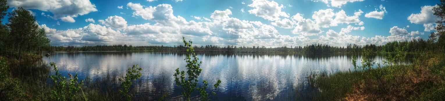Panorama of small Swedish lake with heavy clouds and sunlight photo