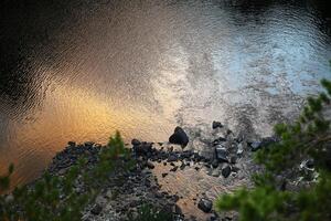 Colorful reflections on rippled water at dusk photo