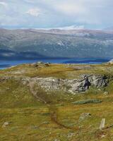 Hiking path through rocky landscape in Swedish Lapland photo