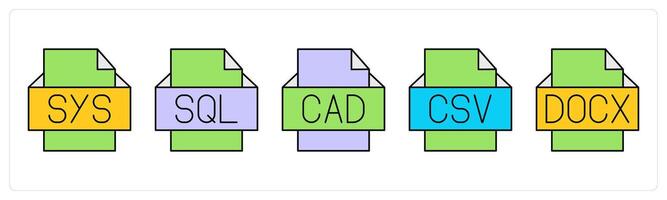 A set of files icons as sys file, sql file, cad file vector