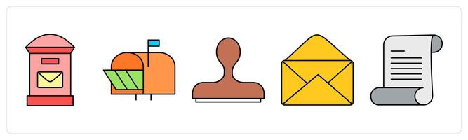 A set of mail icons as post box, post letter, stamp vector