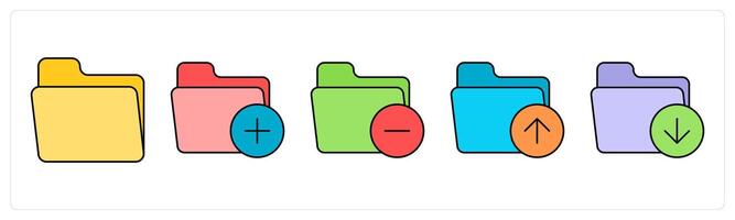A set of folder icons as folder, create folder, remove folder vector