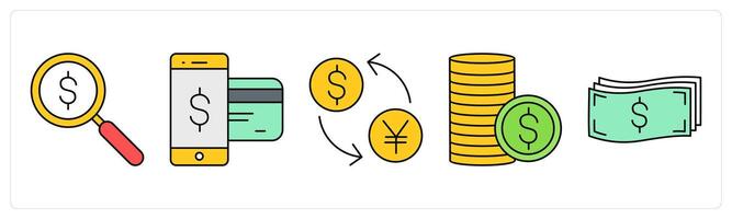 A set of shopping icons as search money, mobile payment, currency exchange vector