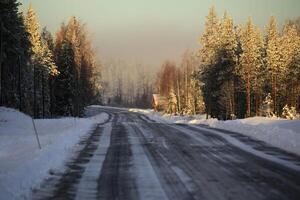 Winter road on a misty day in Lapland photo