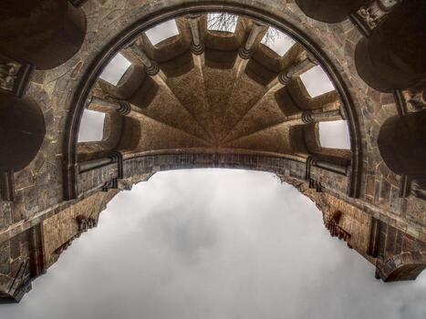 Conceptual upward view of monastery ruin Heisterbach in the Siebengebirge in Germany photo
