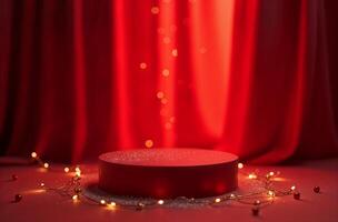 Product Presentation Podium Background red Drapery and Christmas Tree, New Year Stand, Space for goodly Product photo