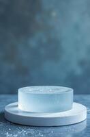 Ice product Presentation Podium on table, winter Advertising Stand with Empty Space goodly for Product photo