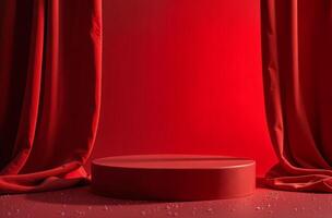 Product Presentation Podium Background red Drapery and Christmas Tree, goodly New Year Stand, Space for Product photo