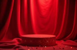 Product Presentation Podium Background red Drapery and Christmas Tree, New Year Stand goodly, Space for Product photo