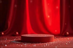 Product Presentation Podium Background goodly red Drapery and Christmas Tree, New Year Stand, Space for Product photo