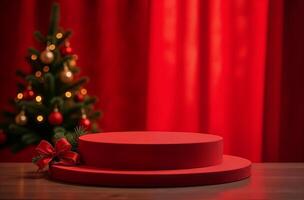 Product Presentation Podium Background red Drapery and Christmas Tree, New Year goodly Stand, Space for Product photo