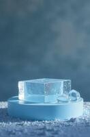 Ice product Presentation Podium on Beautiful table, winter Advertising Stand with Empty Space for Product photo