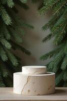 Product Presentation Podium Background table and Christmas Tree, New Year Stand, Space nice for Product photo