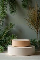 Product Presentation Podium Background nice table and Christmas Tree, New Year Stand, Space for Product photo
