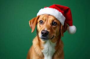 New Year dog Cute Portrait in Santa Claus Hat on Green Background, Christmas Card with Place for text photo