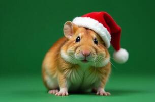New Year Cute cavy Portrait in Santa Claus Hat on Green Background, Christmas Card with Place for text photo
