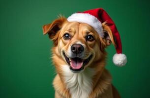 New Year Cute dog Portrait in Santa Claus Hat on Green Background, Christmas Card with Place for text photo
