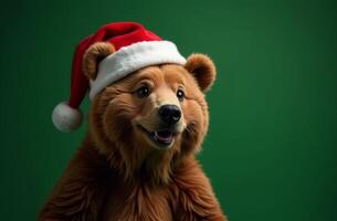 New Year bear Cute Portrait in Santa Claus Hat on Green Background, Christmas Card with Place for text photo