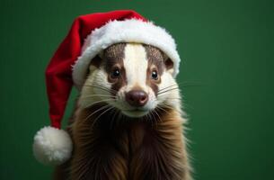 New Year brock Cute Portrait in Santa Claus Hat on Green Background, Christmas Card with Place for text photo
