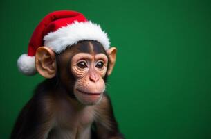 New Year monkey Cute Portrait in Santa Claus Hat on Green Background, Christmas Card with Place for text photo