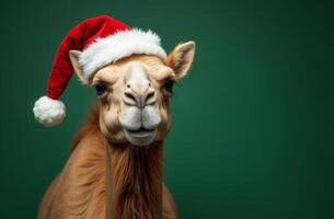 New Year camel Cute Portrait in Santa Claus Hat on Green Background, Christmas Card with Place for text photo