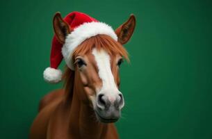 New Year horse Portrait in Cute Santa Claus Hat on Green Background, Christmas Card with Place for text photo
