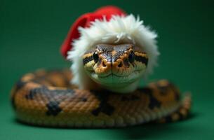 New Year Cute snake Portrait in Santa Claus Hat on Green Background, Christmas Card with Place for text photo