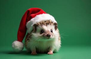 New Year hedgehog Cute Portrait in Santa Claus Hat on Green Background, Christmas Card with Place for text photo