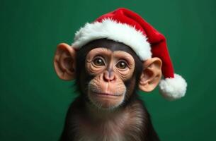 New Year Cute monkey Portrait in Santa Claus Hat on Green Background, Christmas Card with Place for text photo
