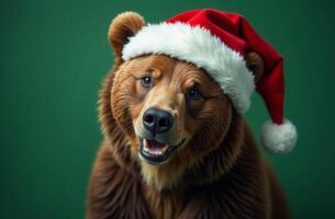 New Year Cute bear Portrait in Santa Claus Hat on Green Background, Christmas Card with Place for text photo