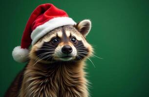 New Year Cute raccoon Portrait in Santa Claus Hat on Green Background, Christmas Card with Place for text photo