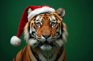 New Year tiger Cute Portrait in Santa Claus Hat on Green Background, Christmas Card with Place for text photo
