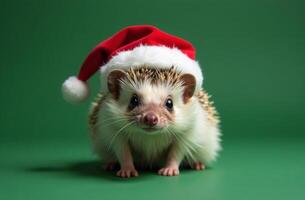 New Year Cute hedgehog Portrait in Santa Claus Hat on Green Background, Christmas Card with Place for text photo