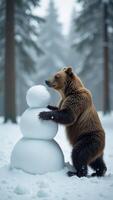 A bear make sightly snowman in the forest in winter, wild animal sit in the snow photo