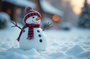 Snowman in hat and scarf standing in sightly snow against the background of forest in winter, free space for text photo