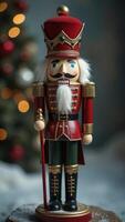 New Year still life, Christmas tree, nutcracker and gifts stand on wooden table, space for text astonishing photo