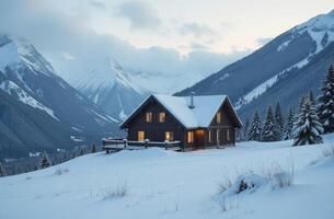 Wooden house in wintry snowy mountains in winter, cottage in snow ski resort during the day, high mountain peaks photo