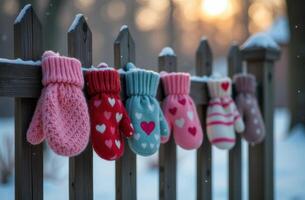Different amazing lost pink and gray mittens hanging on wooden fence outside, snowy winter, bright day photo