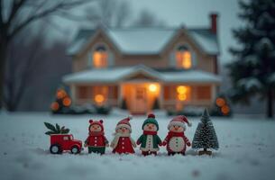 New Year amazing toy figures stand in the snow against the background of decorated house with Christmas lights photo